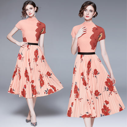 Printed Dress Pleated Fashion Suit Two-piece Set