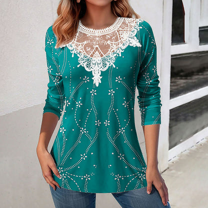 Lace Patchwork Round Neck Top Fashion Casual Printing Loose Long Sleeve Top Women