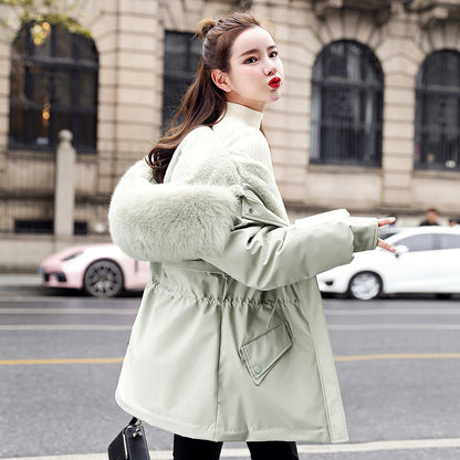 New Fleece-lined Mid-length Big Fur Collar Thicken Cotton Clothes Coat