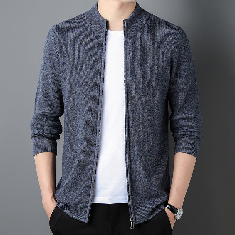 Casual Solid Color Stand Collar Zipper Knitted Cardigan