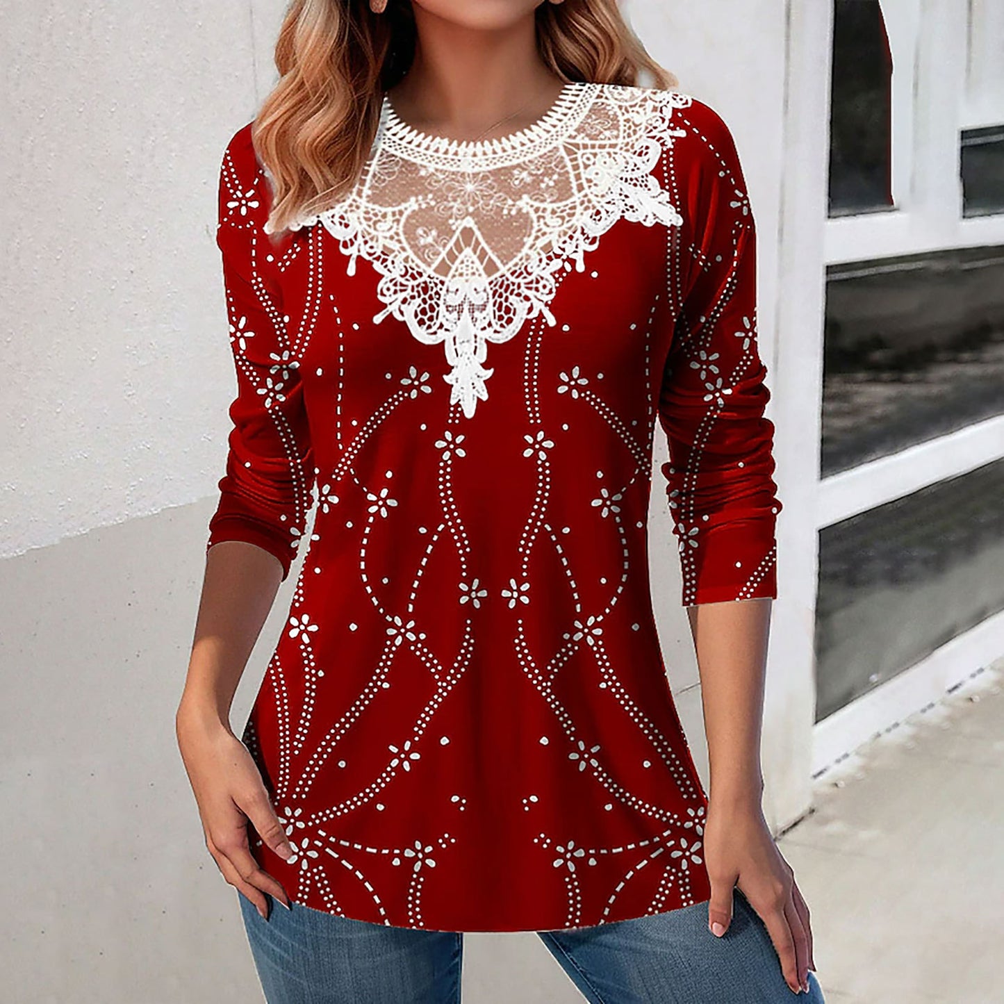 Lace Patchwork Round Neck Top Fashion Casual Printing Loose Long Sleeve Top Women