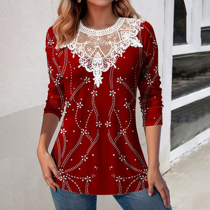 Lace Patchwork Round Neck Top Fashion Casual Printing Loose Long Sleeve Top Women