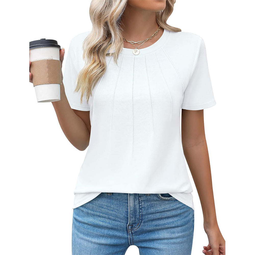 Pleated Round Neck Short Sleeve Women's Top