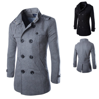 Slim-fit Men's Double-breasted Mid-length Stand Collar Woolen Coat