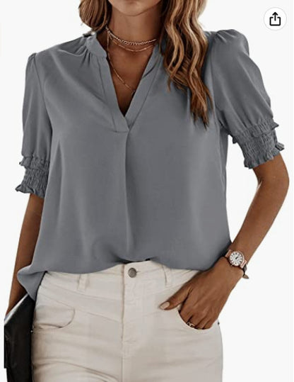 Women's V-neck Casual Short-sleeved Solid Color Chiffon Shirt