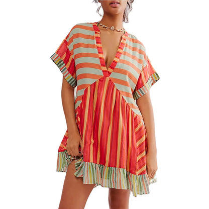 Women's Printed Striped Short Sleeve V-neck Dress