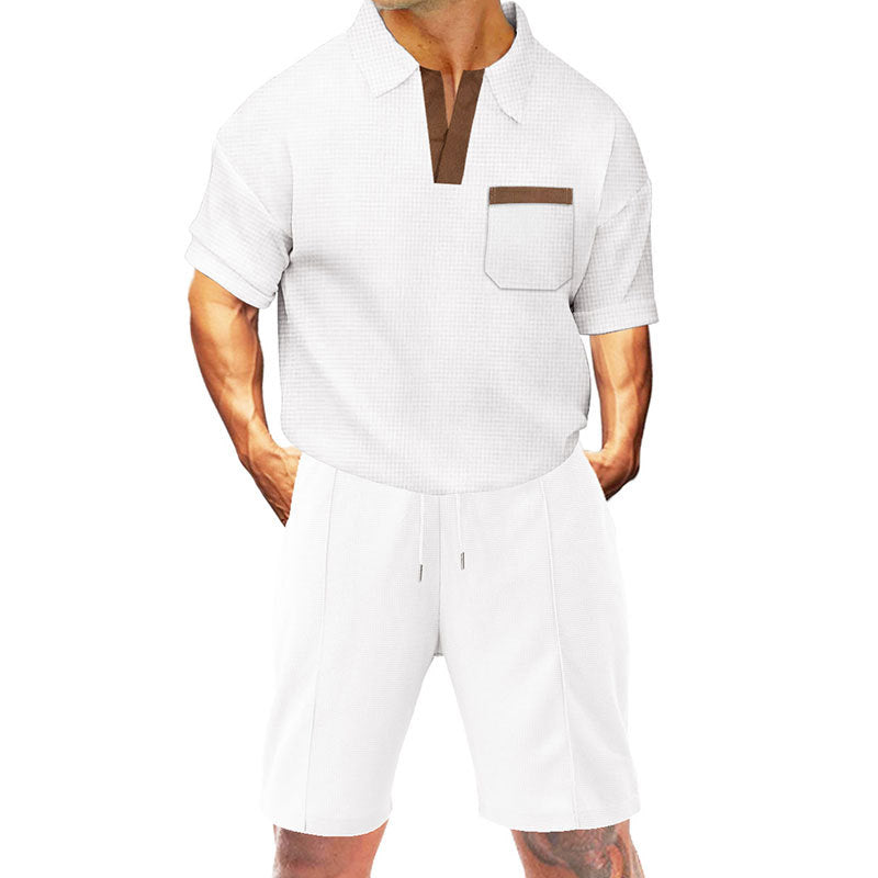 Waffle Suit Summer Lapels Men's Short Sleeve Shorts Two-piece Suit