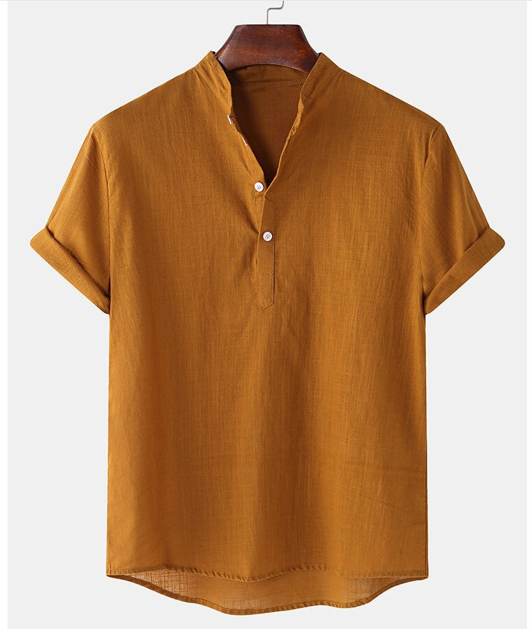 Men's Cotton And Linen Breathable Solid Color Short Sleeve