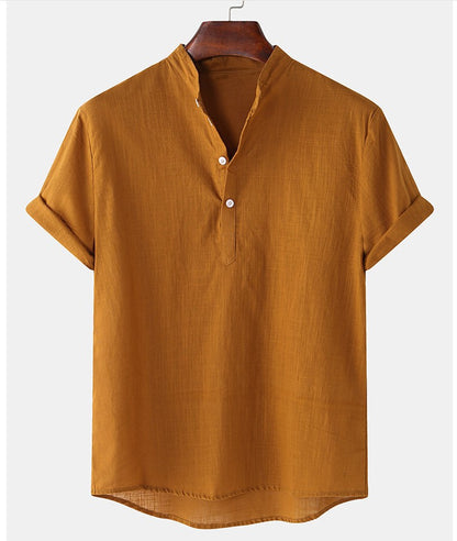 Men's Cotton And Linen Breathable Solid Color Short Sleeve