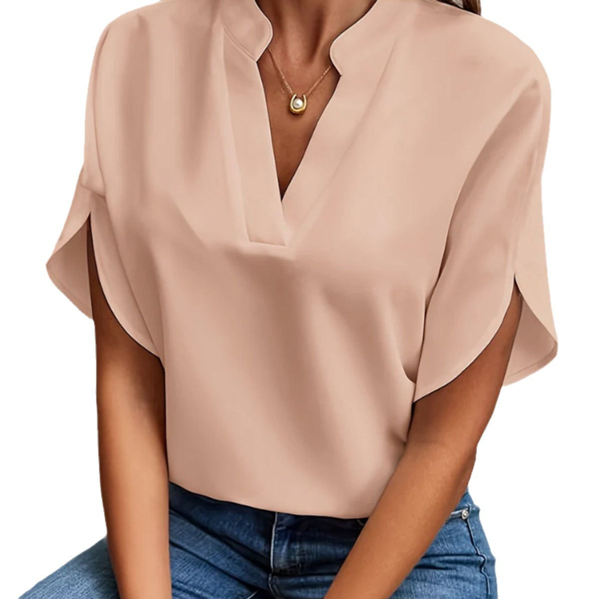 Summer New V-neck Shirt Women's Pure Color Casual Versatile Short-sleeved Shirt