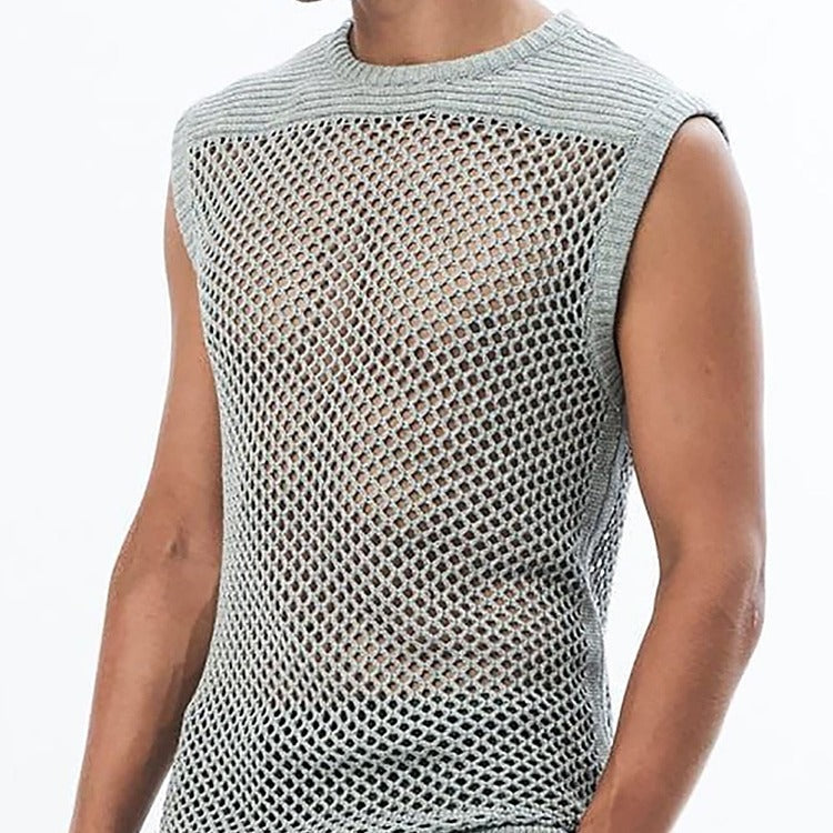 Street Mesh Fabric Texture Stitching Sleeveless Knitted Men