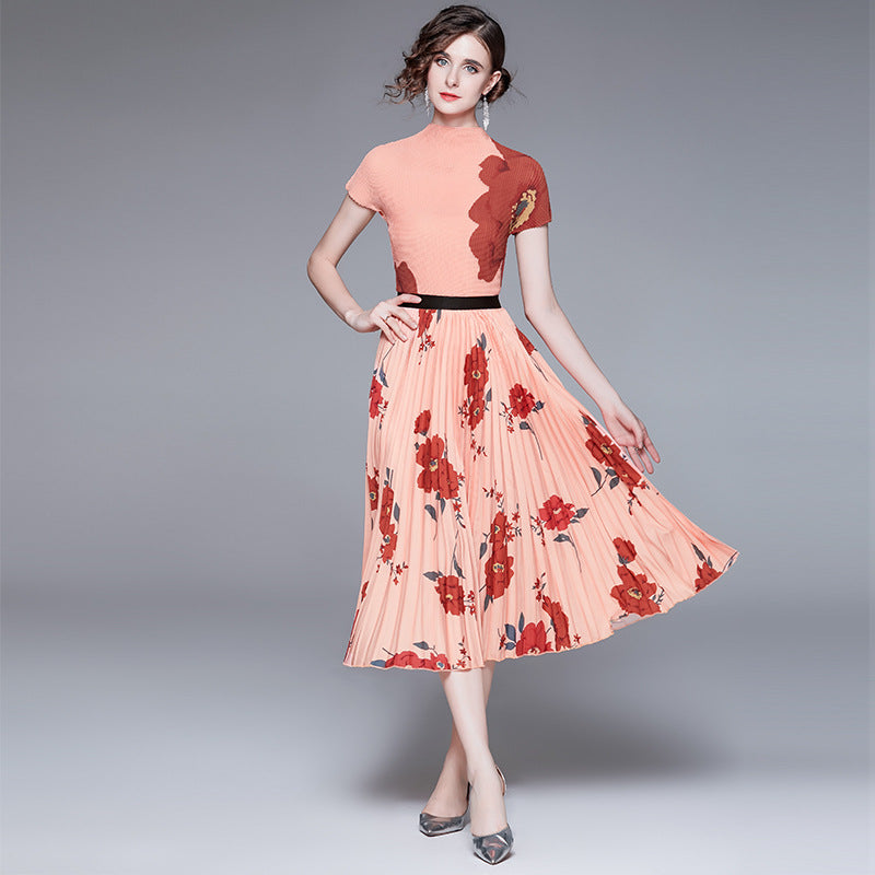 Printed Dress Pleated Fashion Suit Two-piece Set