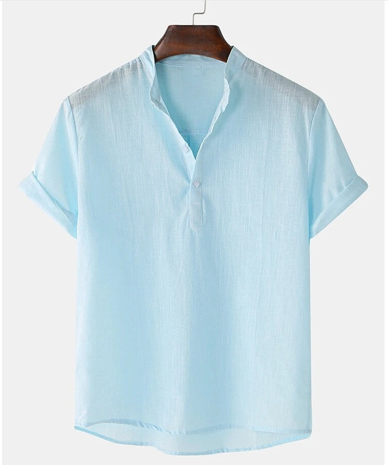 Men's Cotton And Linen Breathable Solid Color Short Sleeve