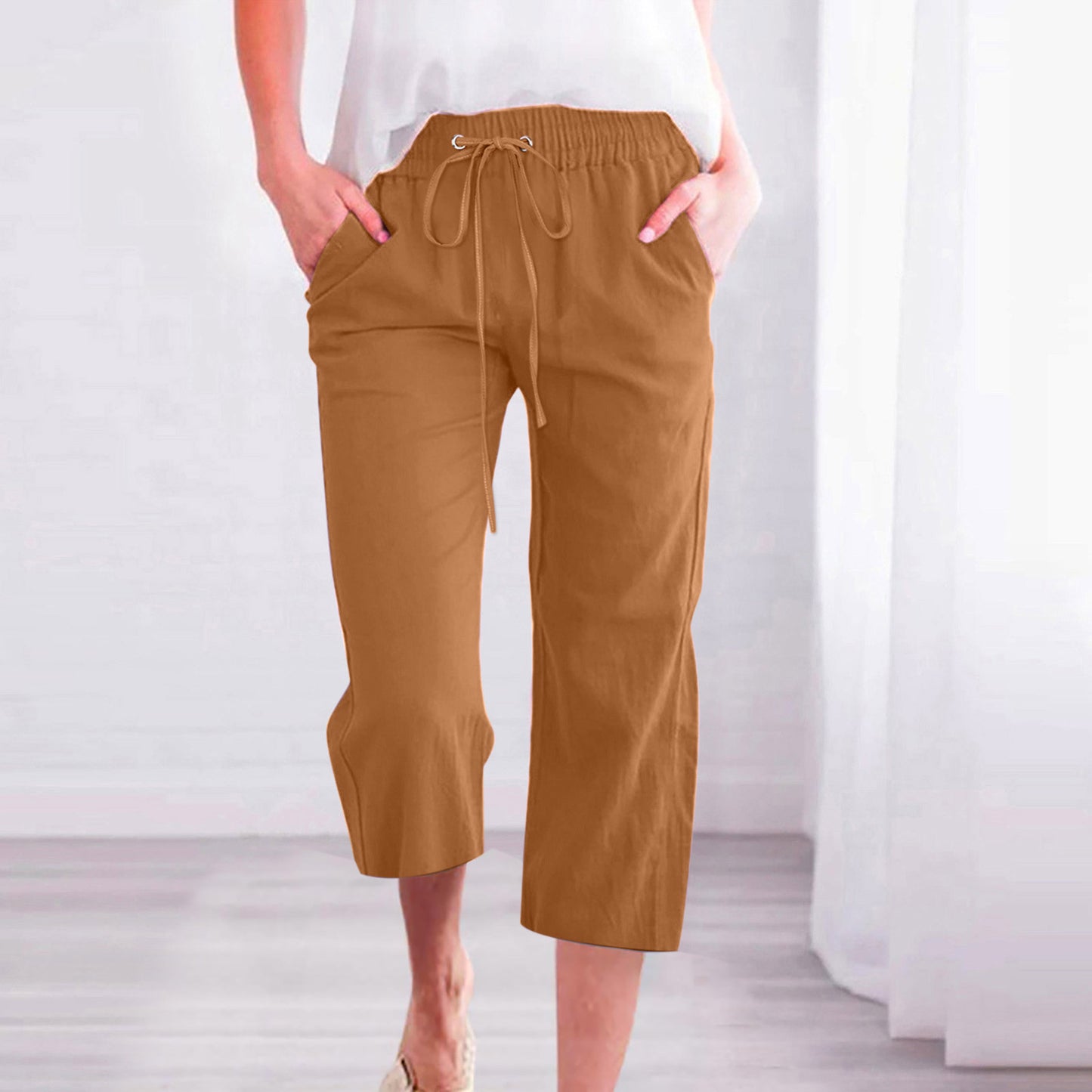 Women's Solid Color Drawstring Cotton And Linen Casual Loose Straight Pocket Home Cropped Pants