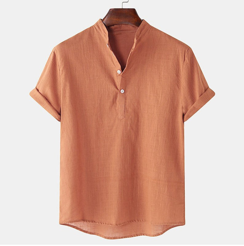 Men's Cotton And Linen Breathable Solid Color Short Sleeve