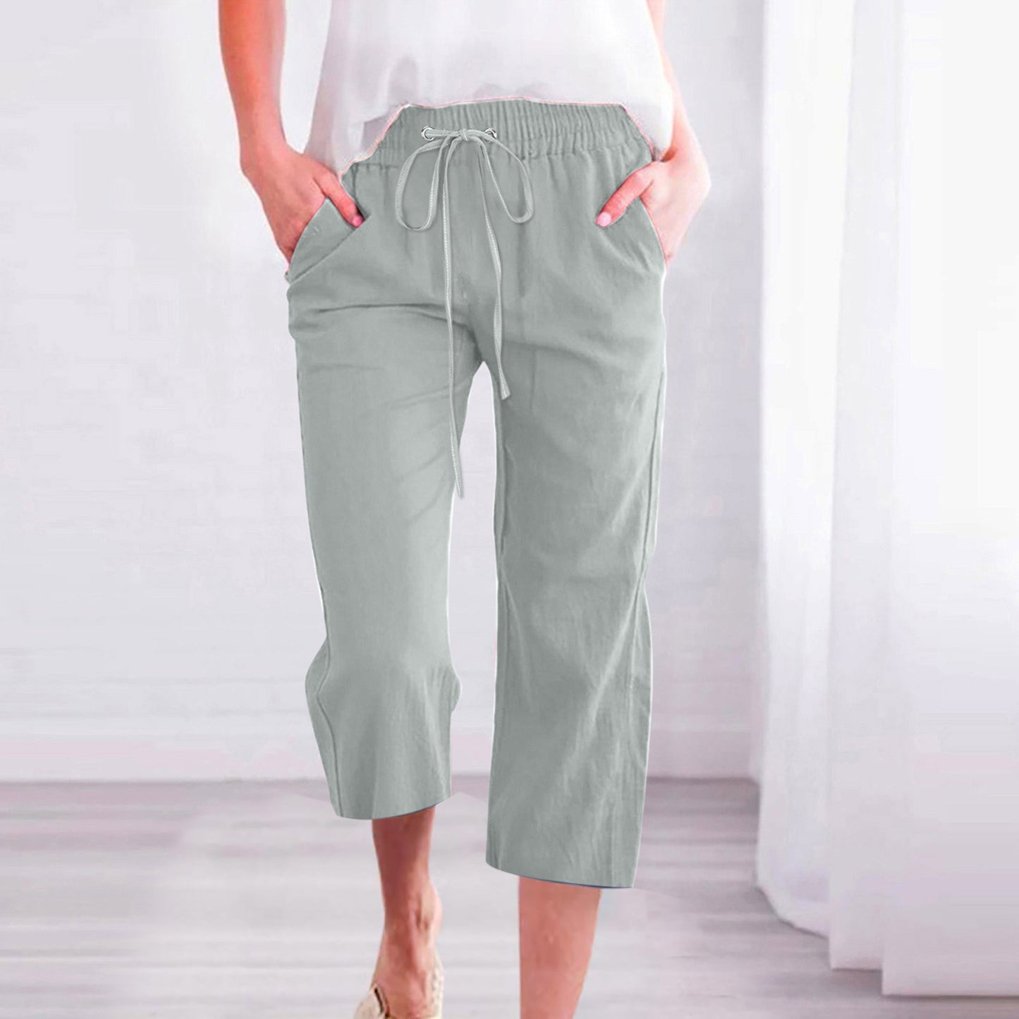 Women's Solid Color Drawstring Cotton And Linen Casual Loose Straight Pocket Home Cropped Pants