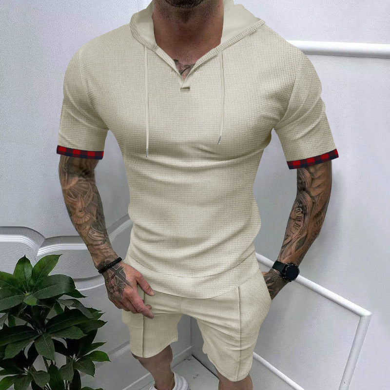 Waffle T-shirt Men's Sports Casual Short Sleeve Shorts Suit