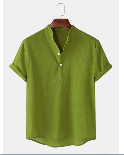 Men's Cotton And Linen Breathable Solid Color Short Sleeve