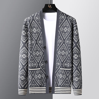 Spring And Autumn New Jacquard Cardigan V-neck Sweater Men