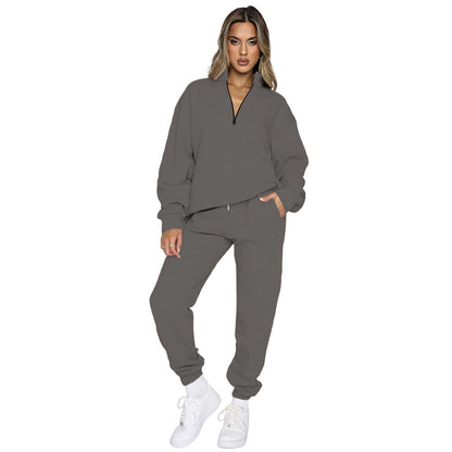 Women's Fashion Zipper Pullover Long Sleeve Sweater Two-piece Set