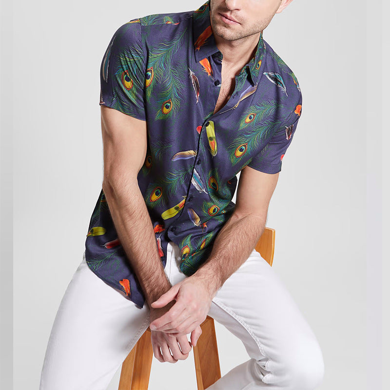 Casual Polo Collar Printed Hawaiian Printed Shirt Men