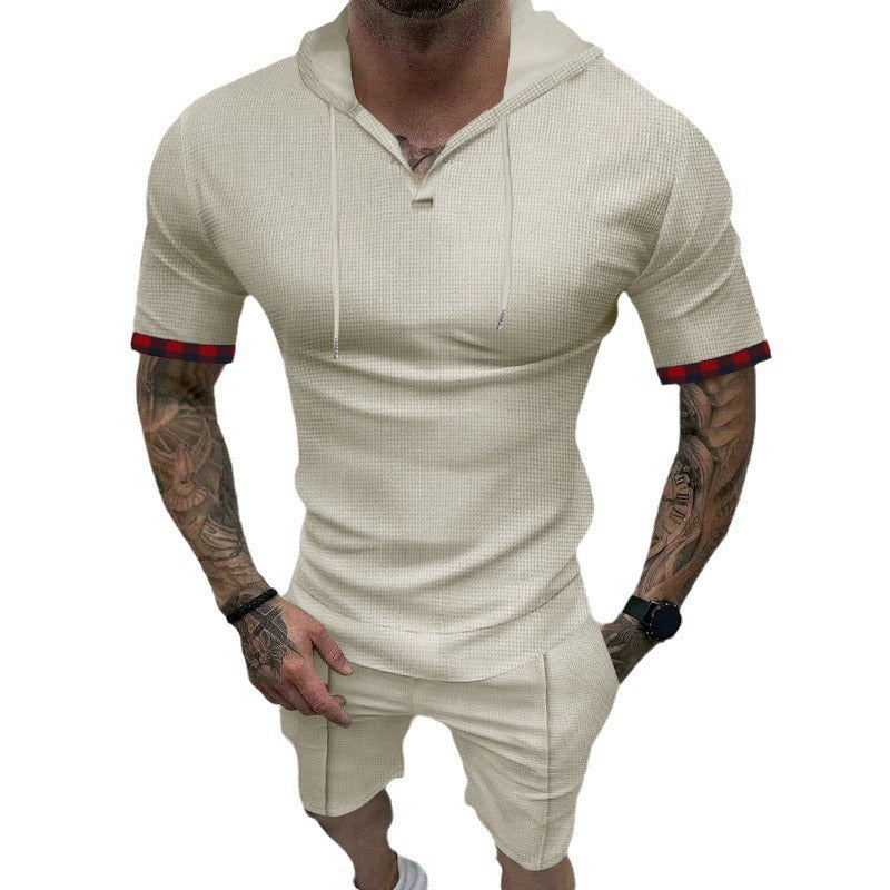 Waffle T-shirt Men's Sports Casual Short Sleeve Shorts Suit