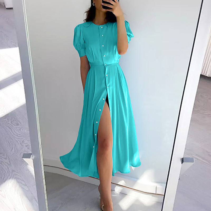 Elegant Slim High Waist Cardigan Button Mid-length Dress