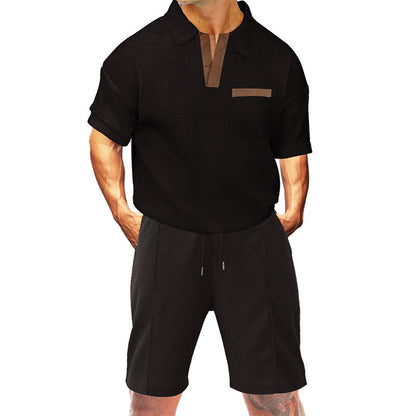 Waffle Suit Summer Lapels Men's Short Sleeve Shorts Two-piece Suit