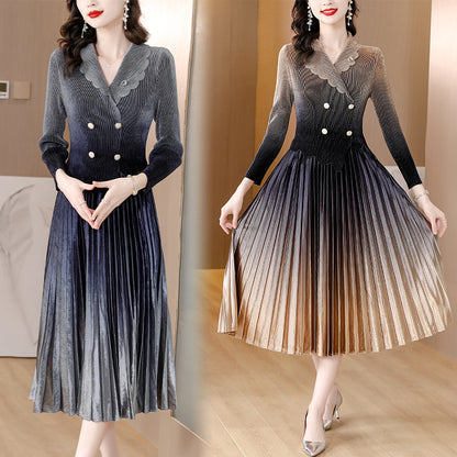 Suit Collar Large Hem Pleated Pleuche Dress