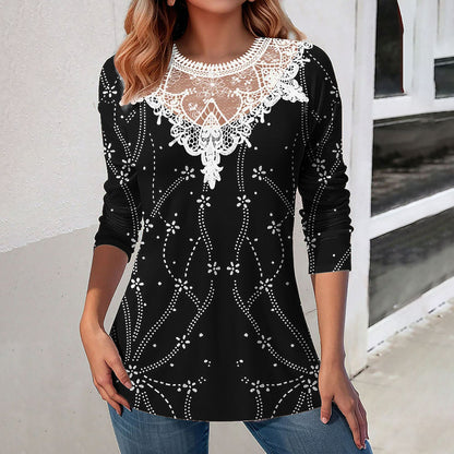 Lace Patchwork Round Neck Top Fashion Casual Printing Loose Long Sleeve Top Women