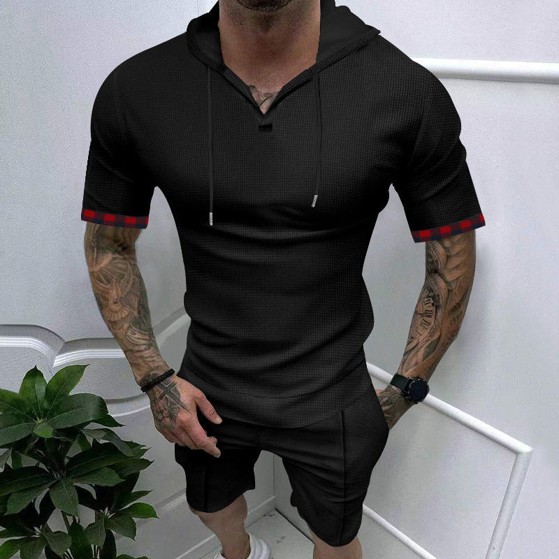 Waffle T-shirt Men's Sports Casual Short Sleeve Shorts Suit