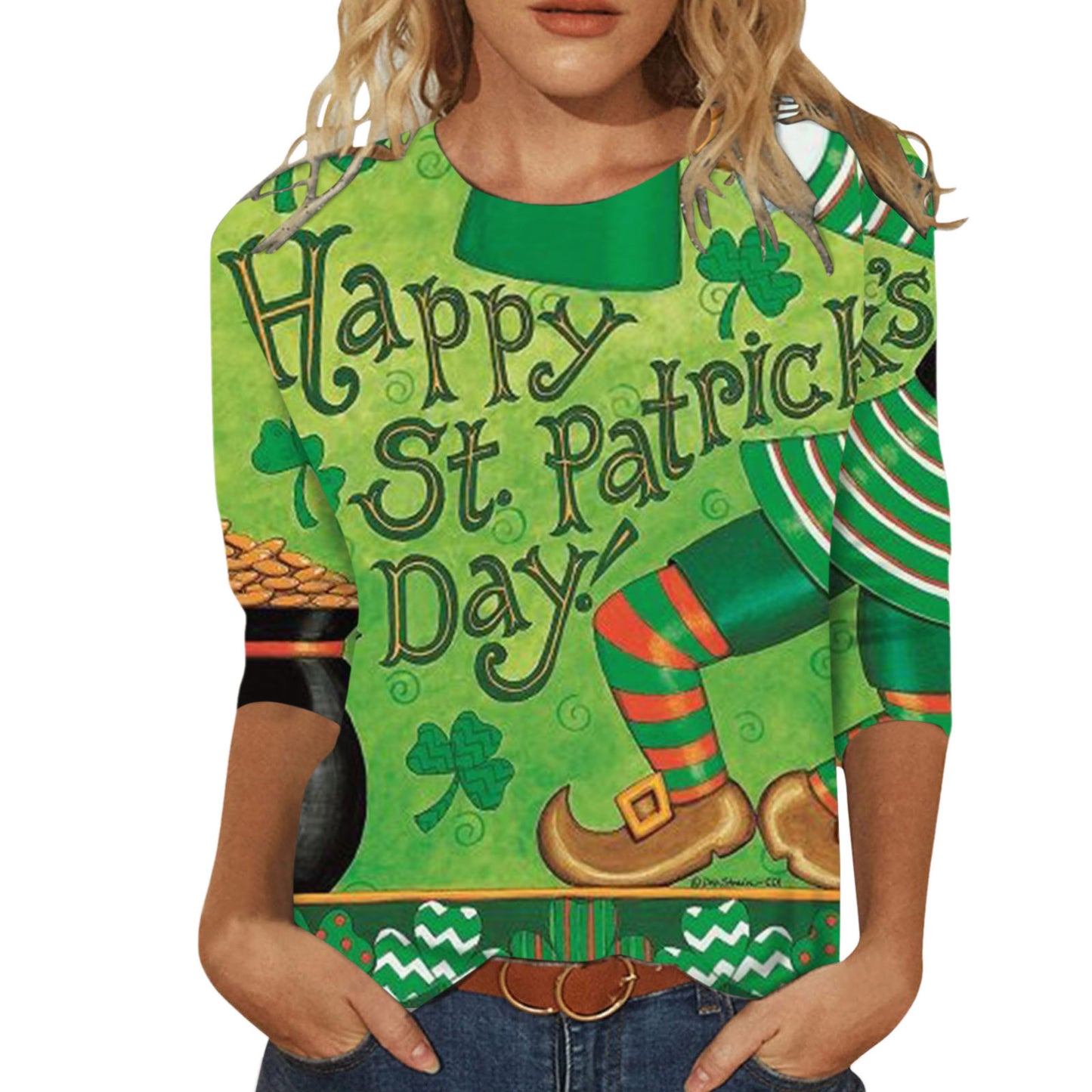 Digital Printing Green Round-neck T-shirt