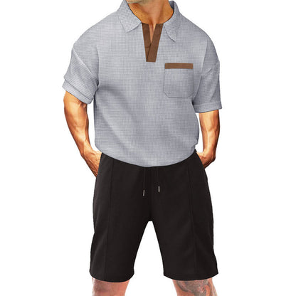 Waffle Suit Summer Lapels Men's Short Sleeve Shorts Two-piece Suit