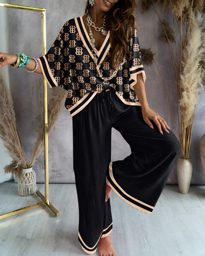 Women's Clothing Printed Batwing Sleeve Top And Wide Leg Pants Suit