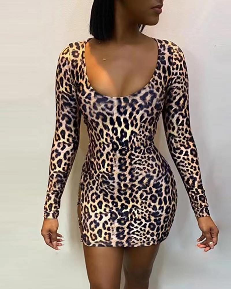 Women's Leopard Print Backless Lace-up Long Sleeve Dress