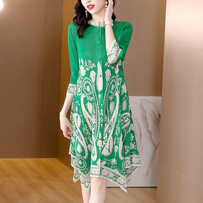 Pleated Print Vintage Loose-size Dress