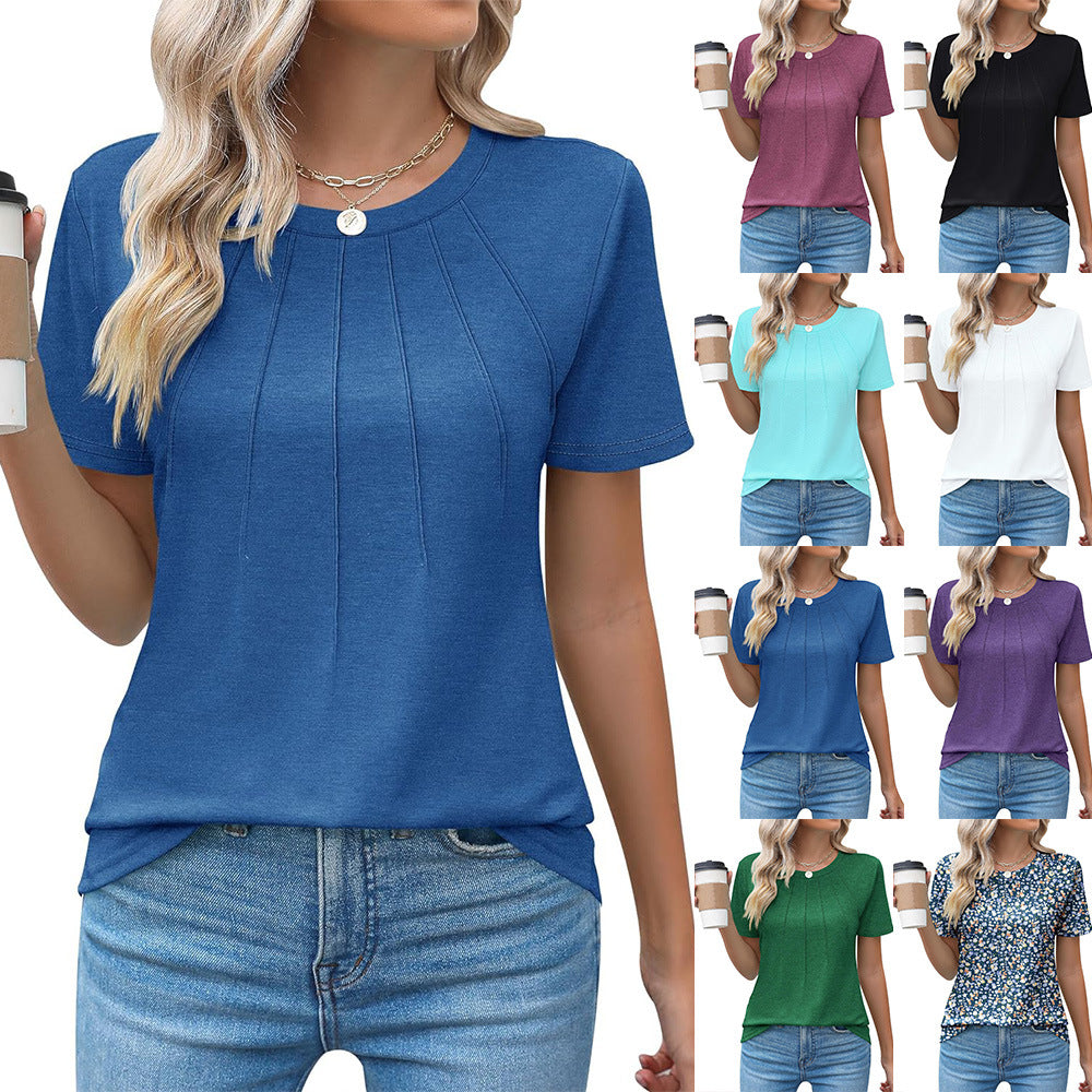 Pleated Round Neck Short Sleeve Women's Top