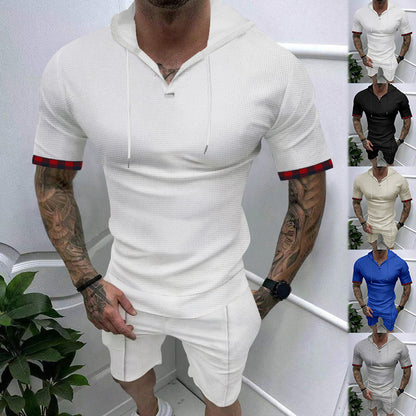 Waffle T-shirt Men's Sports Casual Short Sleeve Shorts Suit