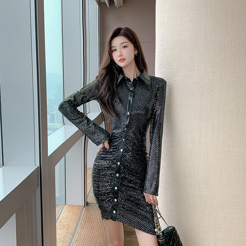 Sequin Dress Shirt Collar Long Sleeves High Waist