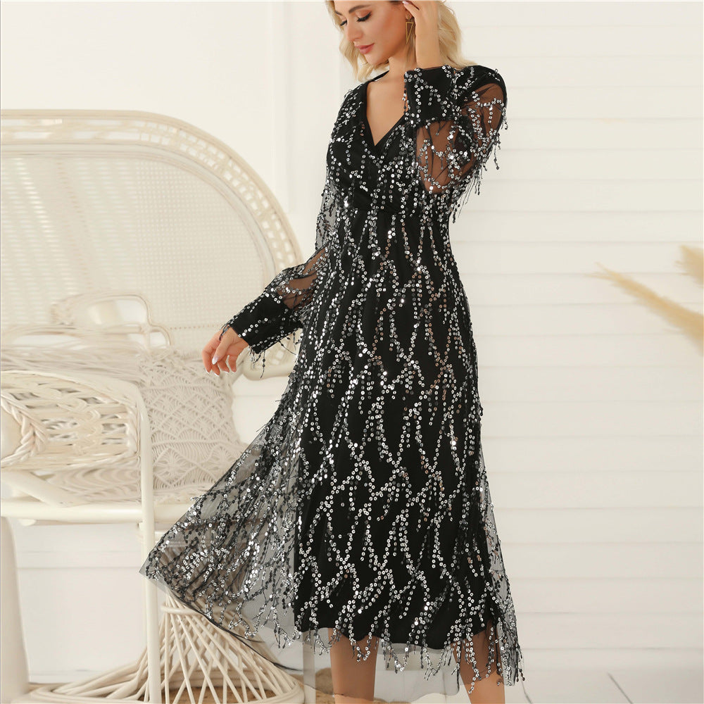 Women's Long Sleeve Sequin Fringe Dress