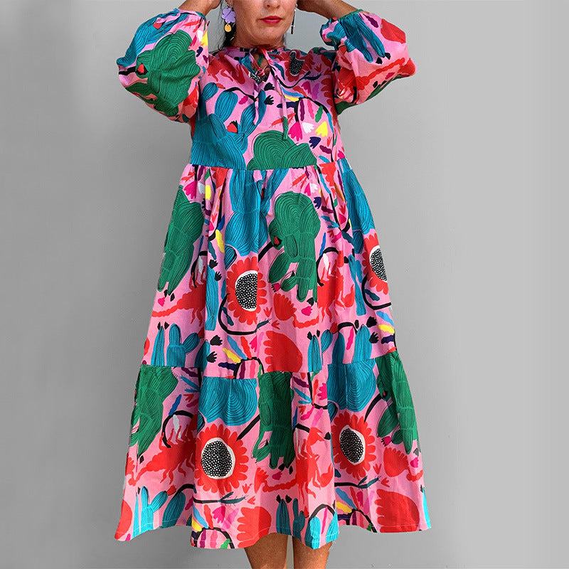 Loose Printed Long-sleeve Round-collar Dress