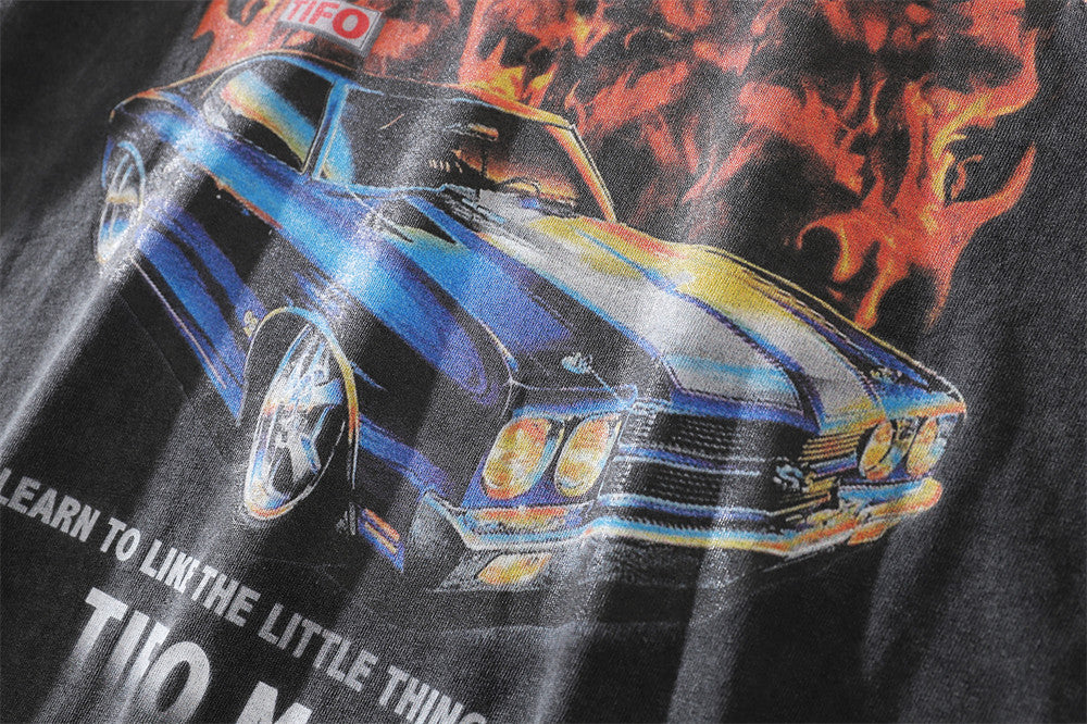 Mens Loose Casual Flame Car Graphic Short Sleeve T-Shirt