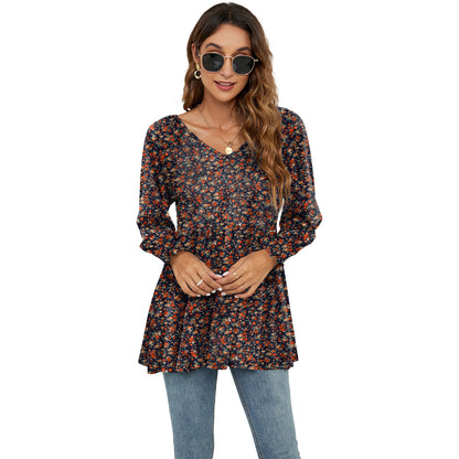 Long Puff Sleeve Tops Women Flowers Print Casual V-Neck Blouse T-Shirts Babydoll Tops