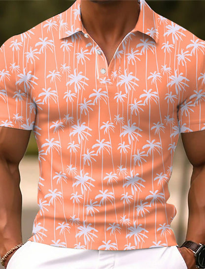 Men's Fashion Personality Coconut Tree Graphic Printing Lapel Short Sleeve