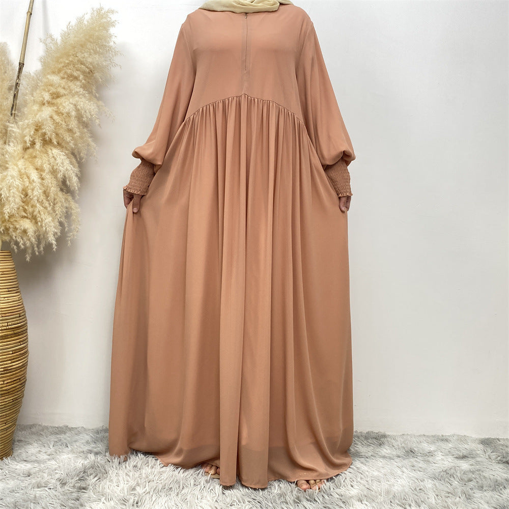 Muslim Simple Solid Color Pleated Elastic Chiffon Dress