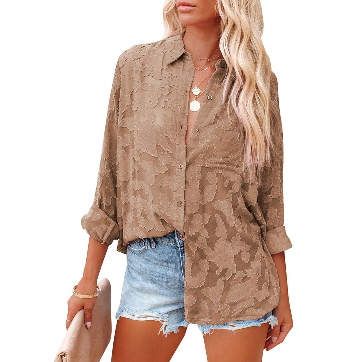 Romantic Fabric Lace Hollow-out Solid Color Long-sleeved Shirt