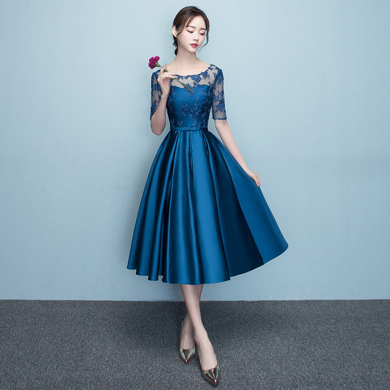 Western Style Summer Banquet Mid-length Elegant Party Blue Slim-looking Annual Party Evening Dress