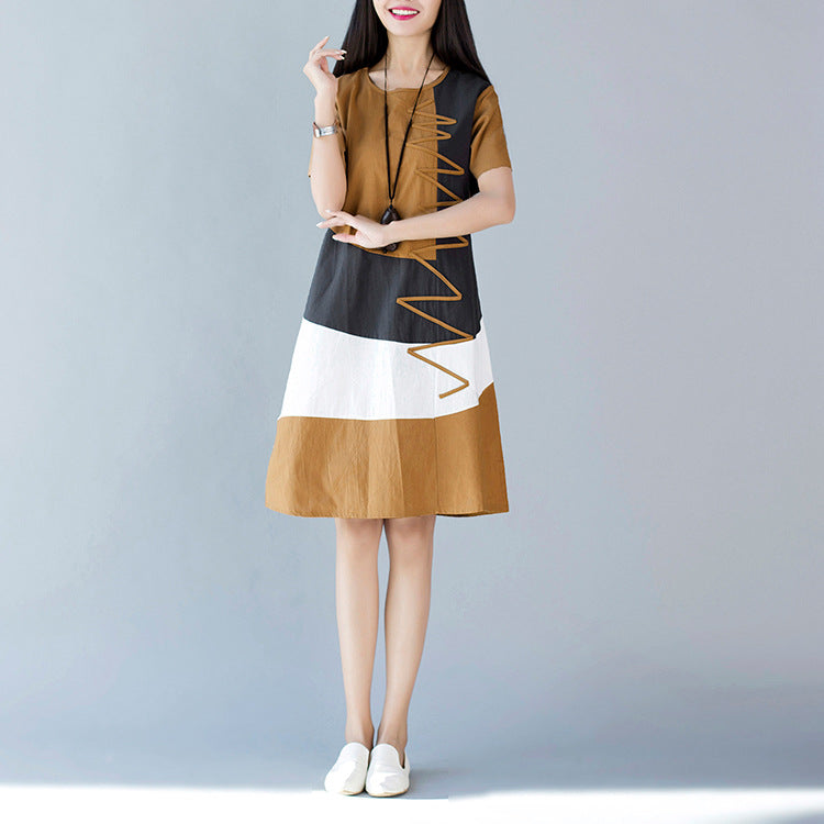 Loose Stitching Cotton And Linen Round Collar Short Sleeve Dress