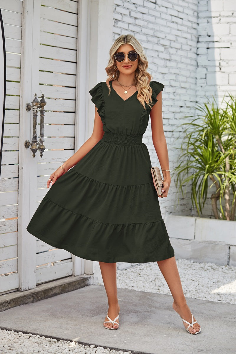 New Ruffled Sleeveless V-Neck Dress Summer Fashion Elastic Waist A-Line Dresses For Womens Clothing