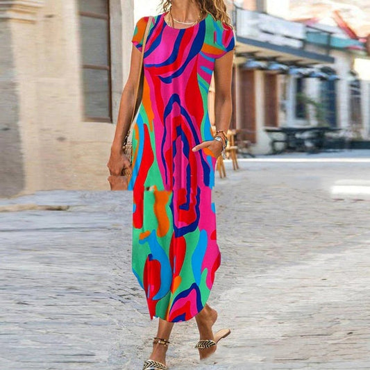 Short Sleeve Round Neck Printed Long Dress